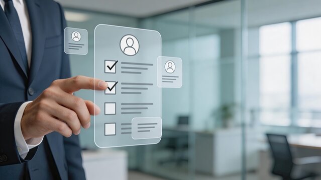 Businessman selecting candidates on futuristic digital interface in modern office human resources management recruitment process virtual checklist corporate technology concept