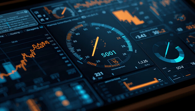 A futuristic dashboard displaying various data metrics and analytics in a dark blue and orange color scheme
