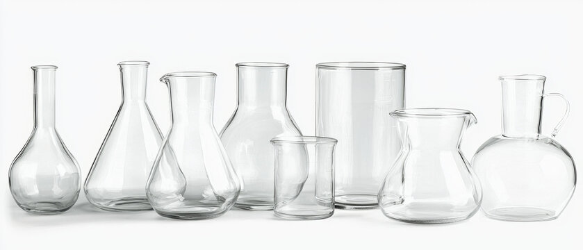 A row of empty, transparent glass vessels, including flasks, beakers, and pitchers, showcasing various shapes on a white background