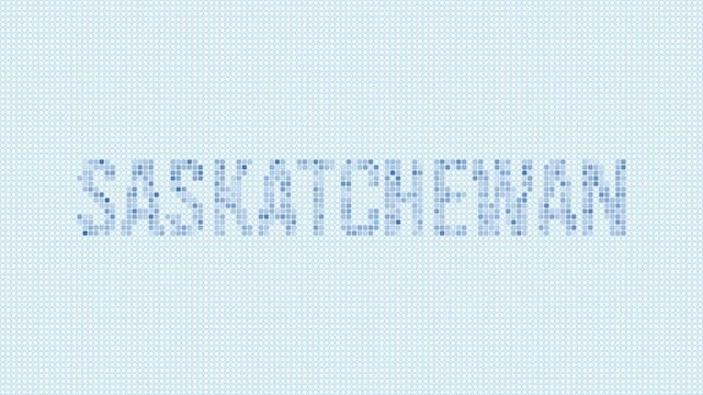 Saskatchewan, Canada dotted map animation. Digital style shape of the province. Saskatchewan, Canada shape and title dots appear with bulb flickering effect. Intro, outro, logo, title video.