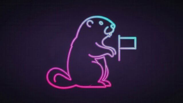Vibrant neon gopher icon holding a flag glowing with futuristic pink and blue hues on a dark