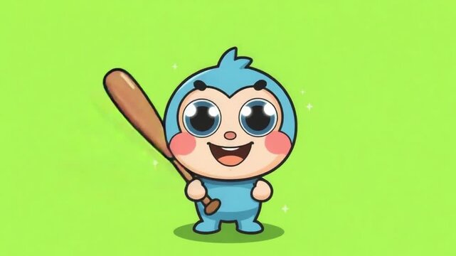 Cute Cartoon Kid with Bat on Green Screen 3D Animation