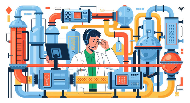Scientist working in advanced chemical laboratory with complex equipment.