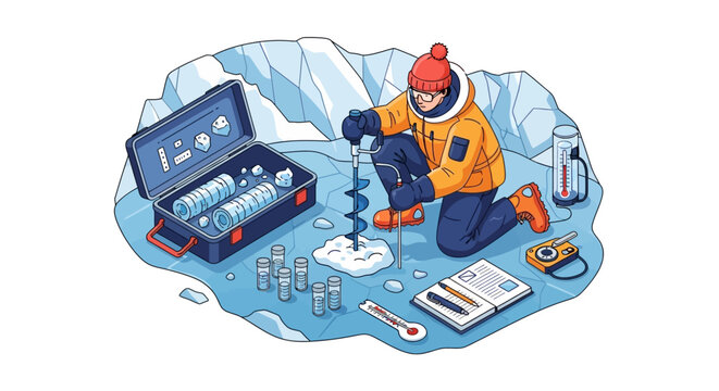 Scientist drilling ice for research samples in cold environment.