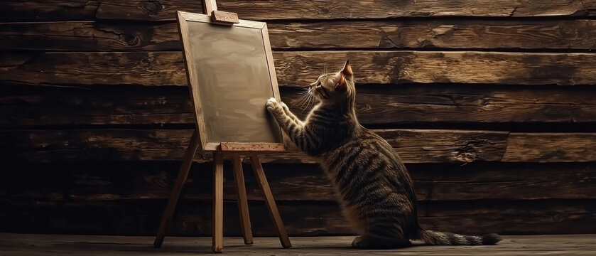 A tabby cat stands on its hind legs, paws on a blank board set on an easel against a rustic wooden wall