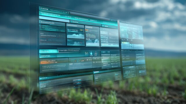 Futuristic digital interface displaying data and analytics over a virtual landscape with green crops under a dramatic cloudy sky