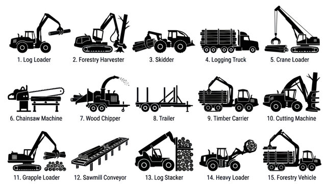 Black and White Line Art Set of Forestry Logging Equipment Icons
