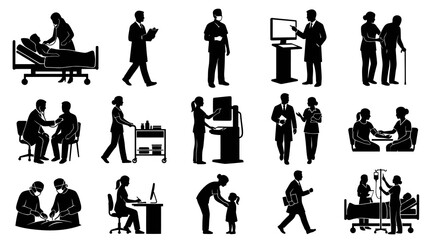 Obraz premium Medical Healthcare Silhouettes: Doctors, Nurses, Patients, Surgery, Clinic Icons
