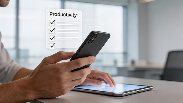 Man using smartphone with productivity checklist multitasking with tablet in modern office business efficiency task management digital organization workflow optimization
