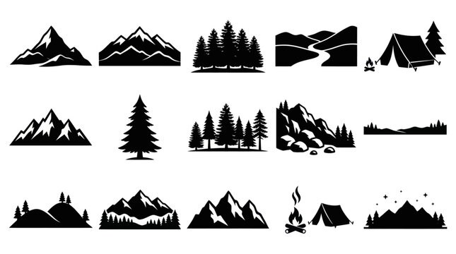Black  White Mountain Camping Icons: Nature Landscape Adventure Symbols