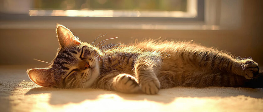 A tabby kitten sleeps peacefully in a warm sunbeam, golden light highlighting its fur and ears, creating a cozy and serene scene