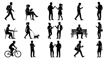 Fototapeta premium Black and White Silhouettes of People in Various Activities, Vector Art