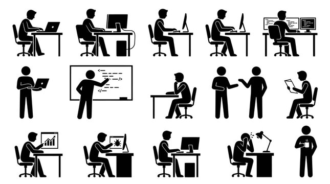 Technology Software Development IT Professional Glyph Icons Set - Computer Programmer Stick Figures