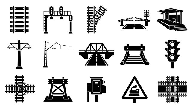 Transportation Railroad Railway Train Infrastructure Black White Glyph Icons Set