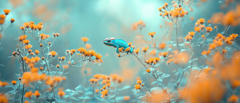 A vivid blue chameleon perches among abundant orange flowers and teal foliage, set against a soft, dreamy blue background