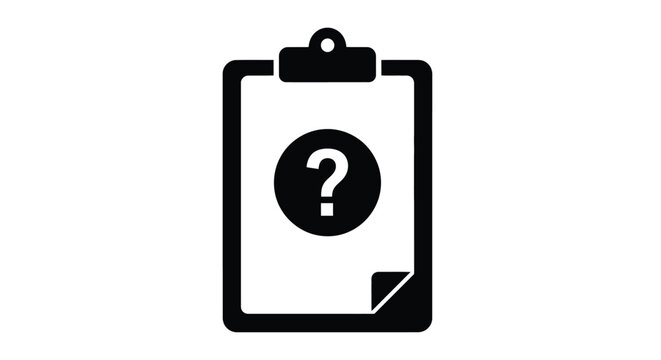 Minimalist vector graphic illustration of a clipboard icon featuring a prominent question mark symbol representing uncertainty or missing information in a professional business design context
