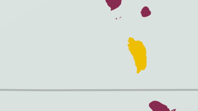 Dominica map. Animated zoom into the country on the Globe in Pale Mint Dark Pink color palette. Country logo animation with round text and airplanes. Map with meridians, parallels. Amazing video.