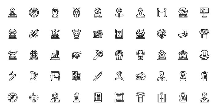 Museum_2026 icon set. Vector illustration pack featuring Greek, Moai, skull, fossil, dinosaur, statue, painting, security and more. Editable linear icons.