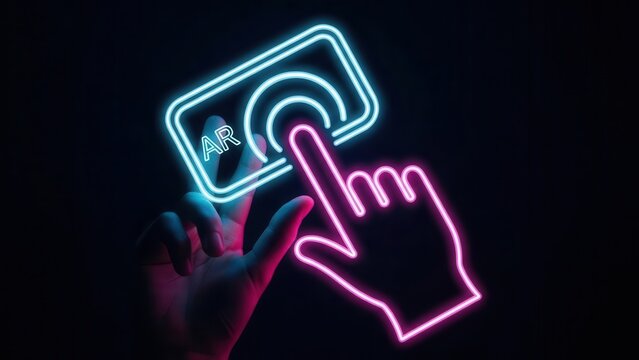 Futuristic hand interacts with glowing augmented reality interface showcasing modern tech