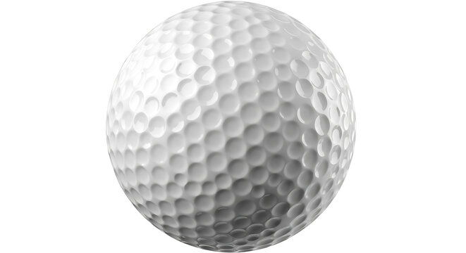 Detailed view of a white golf ball with dimples on transparent background