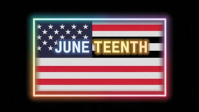 Vibrant Juneteenth flag illustration with dynamic neon text celebrating freedom and heritage