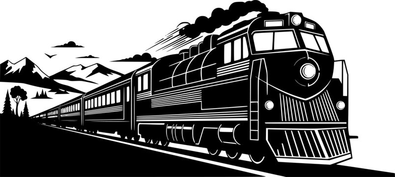 Neo-Deco Luxury Train Travel Vector Illustration, Black and White High-End Tourism