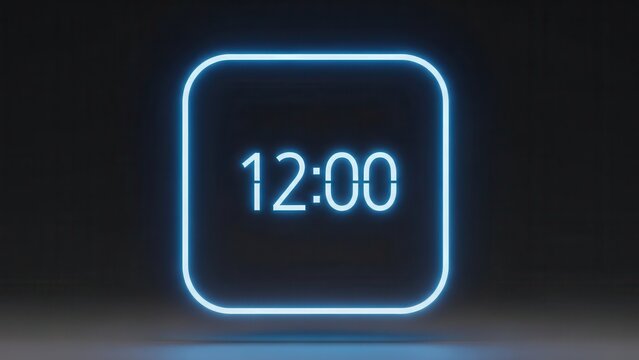 Vibrant blue neon digital clock displaying 12:00 against a dark, minimalist backdrop, capturing