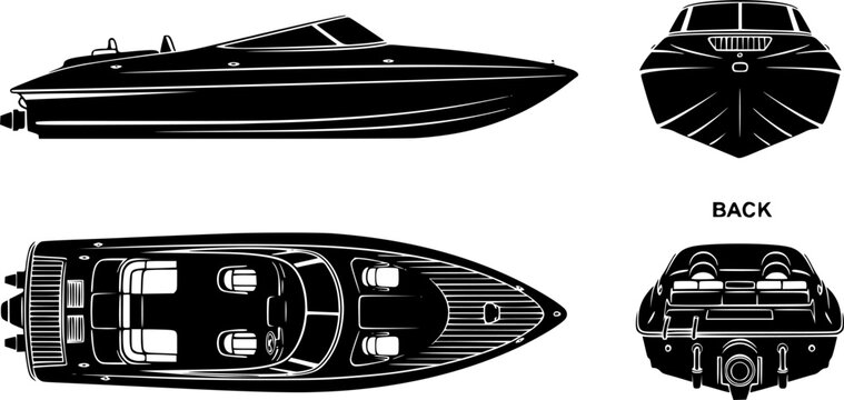 jet boat silhouette icons set side, front, back, and top views vector art illustration