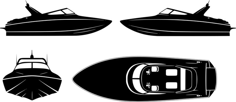 jet boat silhouette icons set side, front, back, and top views vector art illustration