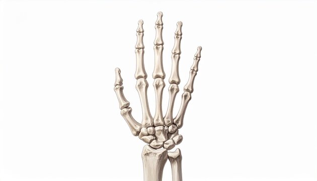 Scientific illustration of human hand bones, detailing the intricate anatomy of metacarpals, carpals, and phalanges