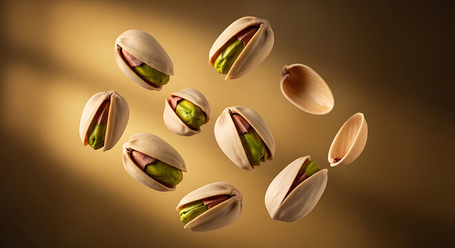 Floating pistachios with open and closed shells against a golden brown gradient on transparent background