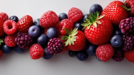 Obraz premium Fresh and Vibrant Assortment of Ripe Fruits Featuring Strawberries, Raspberries, Blackberries, and Blueberries on a Light Background