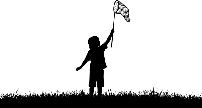 A silhouette of a child standing in a grassy field, holding a butterfly net raised high above their head, as if ready to catch something
