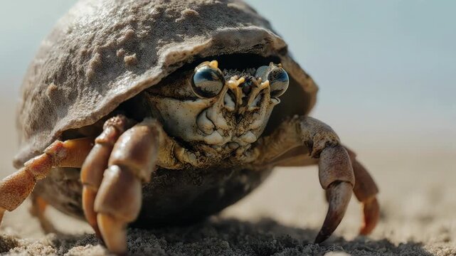 Ultra macro anamorphic shot of a small hermit crab peeking from its textured shell