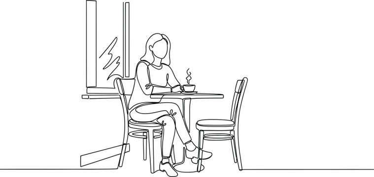 Woman sitting at a cafe table with coffee cup, continuous line drawing