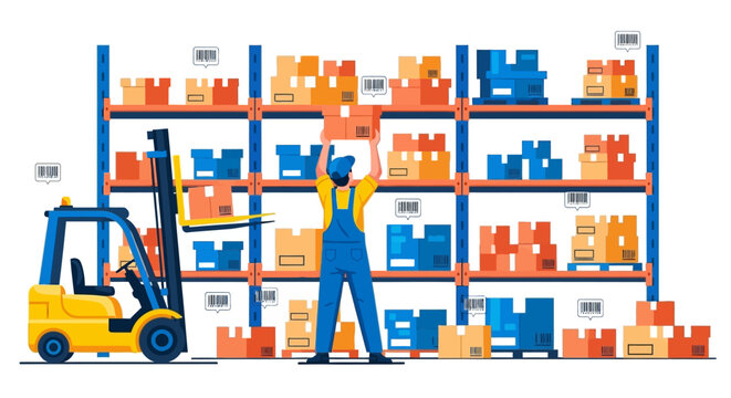 Warehouse worker lifting box with forklift nearby.