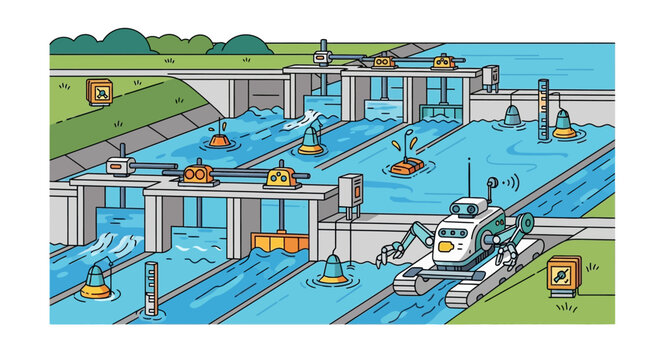 Water Management System with Excavator and Gates.