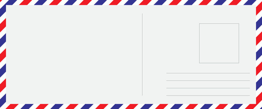 Vintage airmail postcard back template with diagonal blue and red stripe. Travel post card blank backside. Air mail envelope frame with postage place.