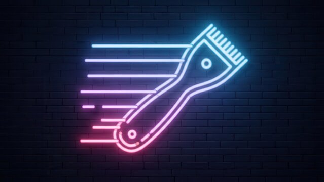Dynamic neon glowing hair clipper icon symbolizing rapid grooming services and modern barber shop