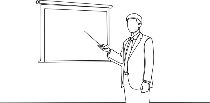 Man in Suit Presenting to Blank Screen with Pointer Stick - Line Art