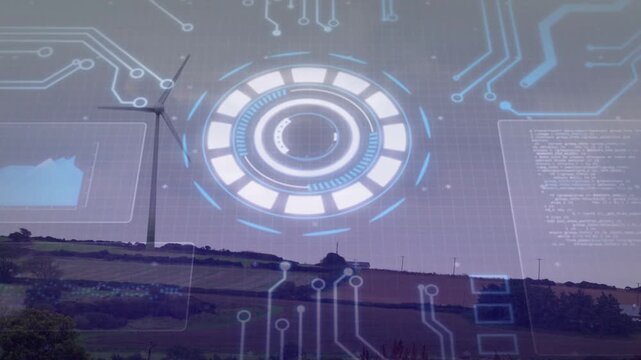 Sensor input initiating circular HUD fading over ridge, monitoring wind energy, charts scrolling