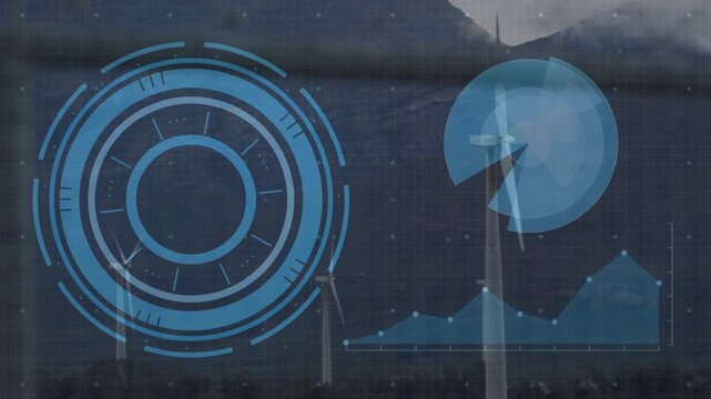 On telemetry ping HUD elements animating while turbine blades rotating, showing power output trends