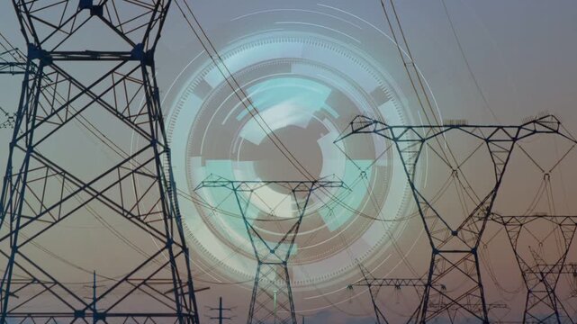 Vertical video: HV pylons standing at dusk, circular HUD forming after data pulse to monitor grid
