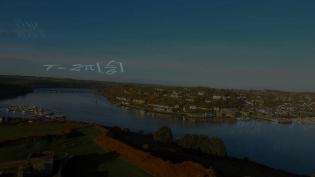 Aerial camera moving forward, showing river town while math symbols layering over water for science