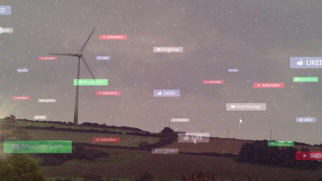 UI badges starting frame2 floating across sky overlapping turbine peaking fading showing clutter