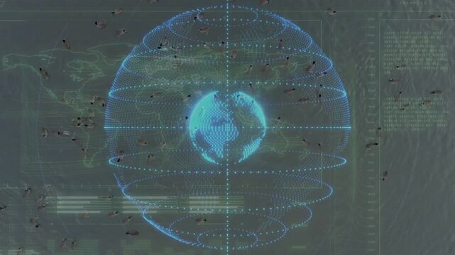 Bright cyan glow appearing, holo globe forming dotted shell, rings oscillating, visualizing data
