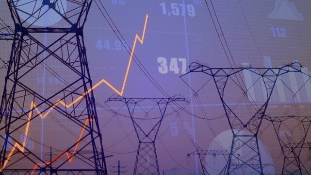 Orange line starting low initiating animated data rising across dark pylons showing power metrics