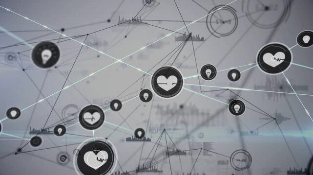 Vertical video: Camera drifting heart ECG icons emerging on lines network forming mapping health