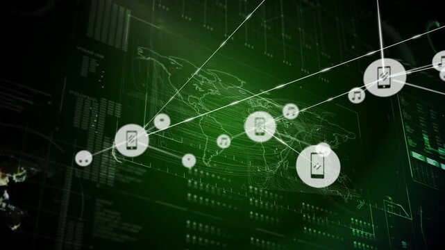Vertical video: Incoming phone node spawning music and chat nodes across wireframe map showing data