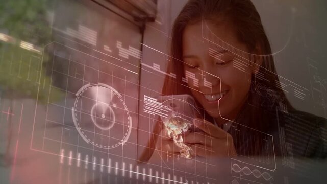 Vertical video: Woman looking at phone, starting HUD overlay, scrolling while checking tech charts